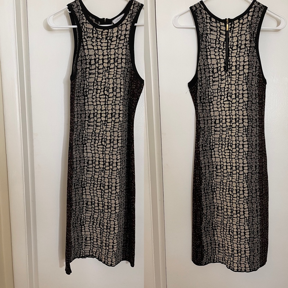 Carmen Marc Valvo Black and Cream w/a Touch Of Lurex Midi Dress Sz. SP